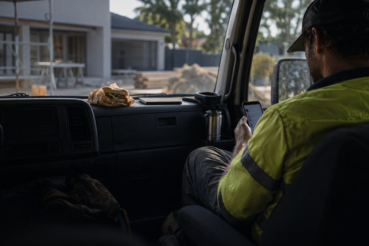 A tradesperson in a hi-vis shirt reading a phone in a work truck at lunchtime