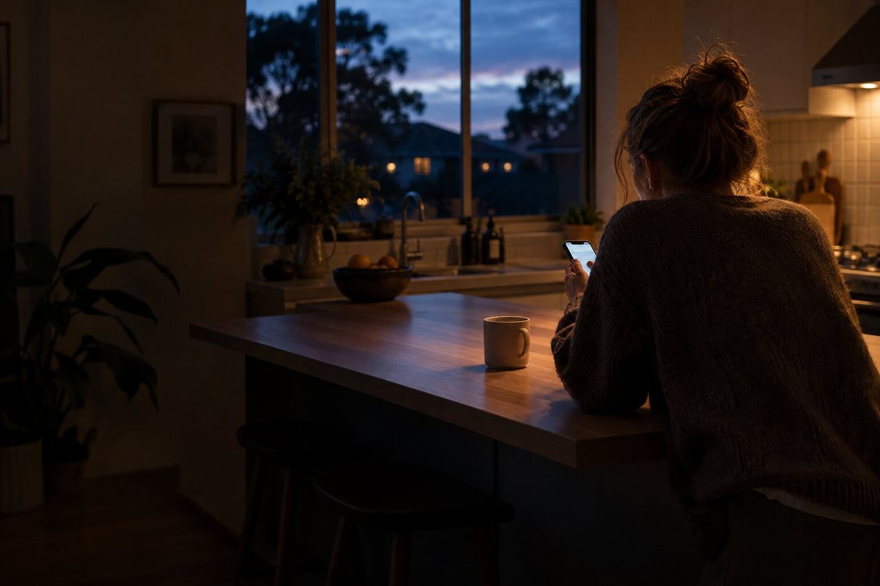 A homeowner at a kitchen bench in the evening, typing on a phone