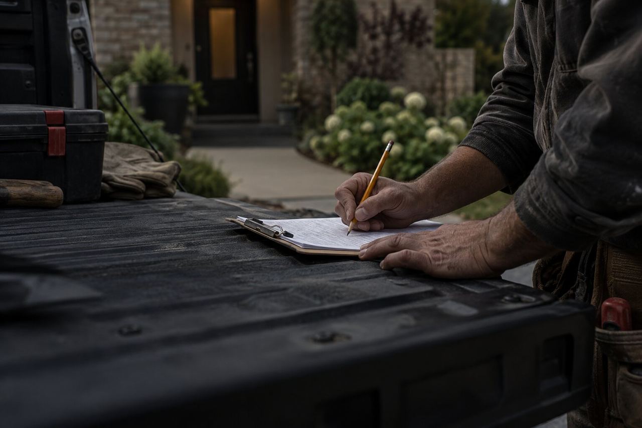 A tradesperson writing figures on a clipboard on a truck tailgate in a driveway