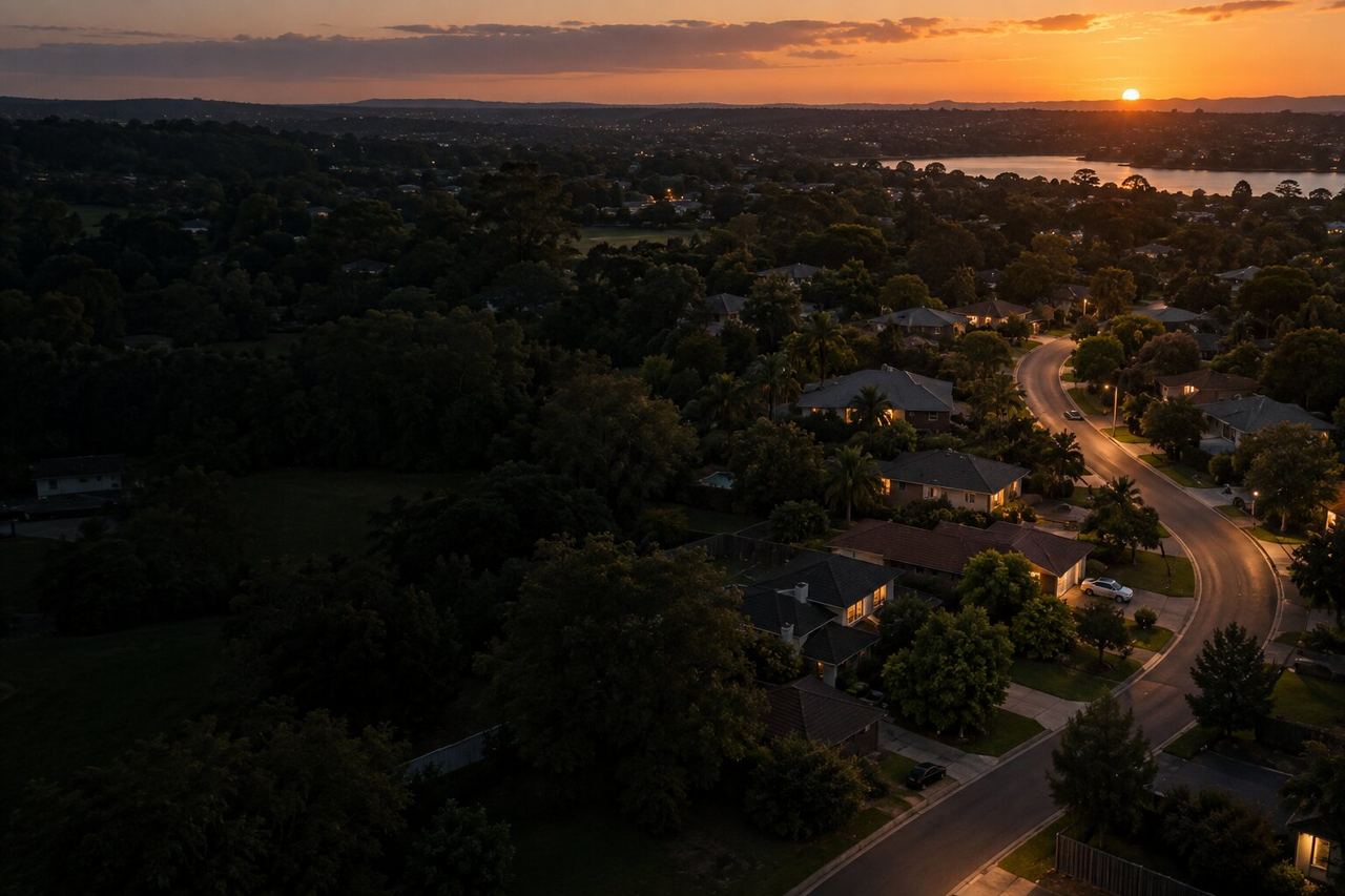 Aerial view of a leafy suburb at dusk with streetlights coming on