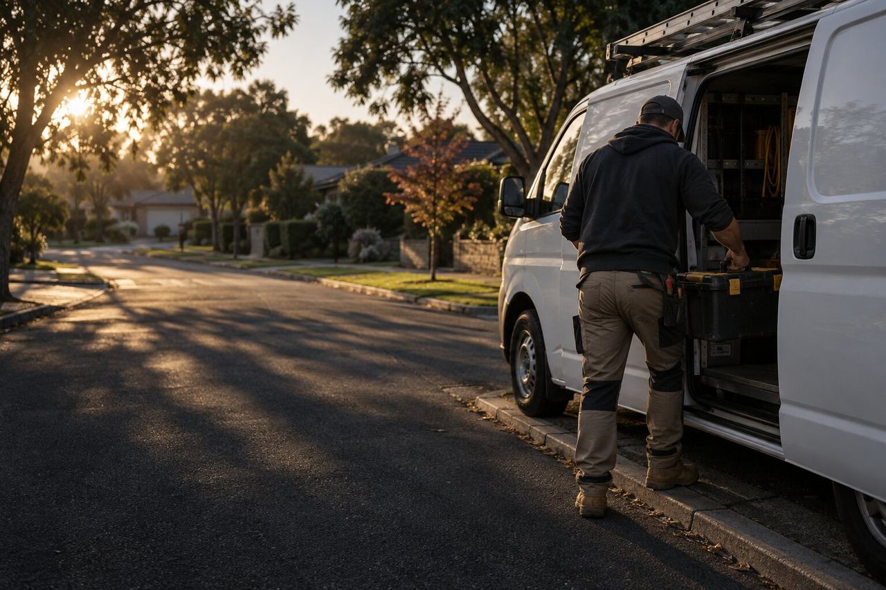 A tradesperson loading a toolbox into a white van on a quiet suburban street at first light